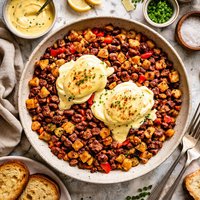 Corned Beef Hash with Poached Eggs Under Hollandaise
