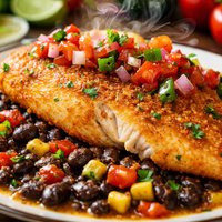Cornmeal Crusted Tilapia with Black Beans and Salsa