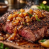 Cracked Pepper Rib Eye Steak with Roasted Onion Sauce