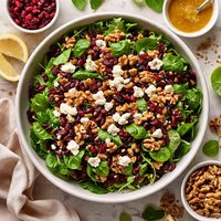 Cranberries Walnuts and Crumbled Cheese Over Greens