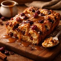 Cranberry and Raisin Bread Pudding with Caramel Sauce