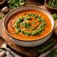 Cream of Tomato Soup with Green Chilies and Cilantro Pesto