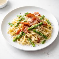 Creamy Pasta with Asparagus Parmesan and Crispy Prosciutto