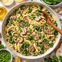 Creamy Pasta with Mushrooms Spinach and Peas