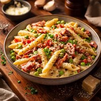 Creamy Penne with Prosciutto Pimiento and Peas