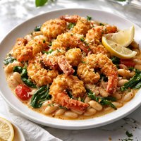 Crispy Breaded Shrimp with Cannellini Beans
