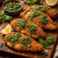 Crispy Chicken Cutlets with Basil Parsley Sauce