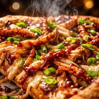 Crispy Pizza with Shredded Chicken Scallions and Smoky Sweet B