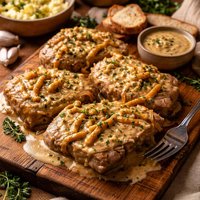 Crock Pot Oniony Pork Chops with Creamy Mustard Sauce