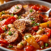 Crockpot Sausage Peppers and Cannellini Bean Stew with Parmesa