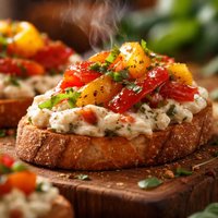 Crostini with Cheese Torta and Marinated Bell Peppers