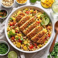 Crunchy Macadamia Nut Chicken Over Tropical Fruit Paella
