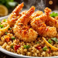 Crunchy Shrimp with Toasted Couscous Ginger Orange Sauce