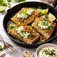 Crusted Skillet Halibut Steaks with Chile Cilanto Aioli