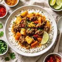 Curry Beef Stew Served Over Steamed Rice