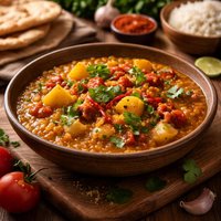 Dal with Spiced Tomatoes and Potatoes
