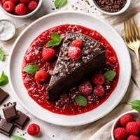 Decadent Chocolate Cake on a Bed of Raspberry Sauce
