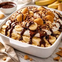 Deep Dish Banana Pudding with Chocolate Sauce