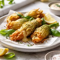 Deep Fried Zucchini Flowers Stuffed with Taleggio and Basil