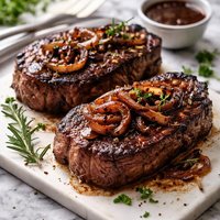 Delmonico Steaks with Balsamic Onions and Steak Sauce
