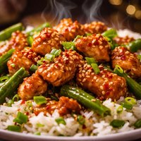 Devilish Sesame Chicken with Green Beans and Scallion Rice