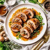 Duck and Mushroom Duxelle Filled Veal with Scotch Gravy