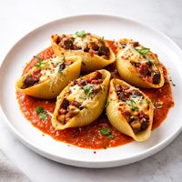 Eggplant Salami Cheese Stuffed Shells W Red Pepper Sauce