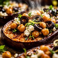 Eggplant Steaks with Chickpeas Feta Cheese and Black Olives