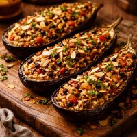 Eggplant Stuffed with Almonds Currants and Rice