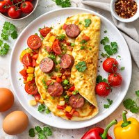 Eggs and Sausage Omelet with Tomatoes and Peppers