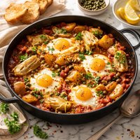 Eggs in Purgatory with Artichoke Hearts Potatoes and Capers