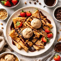 Espresso Crepes with Coffee Ice Cream and Dark Chocolate Sauce