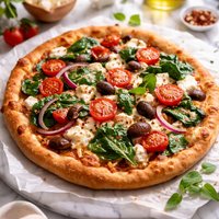 Evelyn Inspired Greek Tomato Spinach Pizza