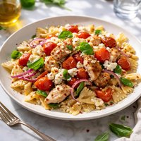 Farfalle with Chicken Tomatoes Onions Goat Cheese