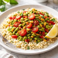 Faux Succotash Edamame with Tomatoes Atop Tasty Wheat Couscous