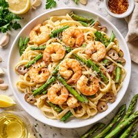 Fettuccine Alfredo with Shrimp Asparagus and Mushrooms