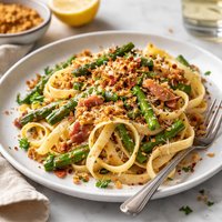 Fettuccine with Asparagus Bacon and Browned Bread Crumbs