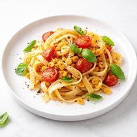 Fettuccine with Basil Tomato Corn Garlic