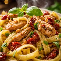 Fettuccine with Chicken Sun Dried Tomatoes Basil and Pine Nuts
