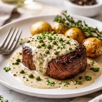 Filet Mignon with Green Peppercorn Cream Sauce