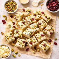 Five Minute White Chocolate Fudge with Pistachio and Cranberries