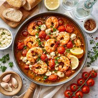 Flambed Shrimp with Tomatoes Feta Cheese and Ouzo