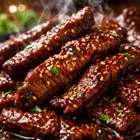 Flank Steak Strips with Hot Honey Molasses Sauce