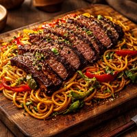 Flank Steak Teriyaki and Peppers with Spicy Noodles