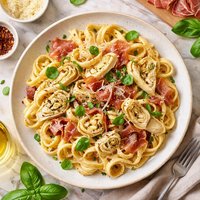 Four Cheese Fettuccini with Prosciutto and Artichoke Hearts