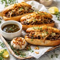 French Onion French Dip Sammies with Roasted Garlic Au Jus