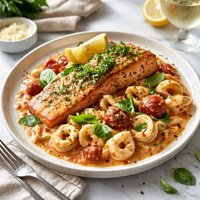 Fresh Broiled Salmon with Saucy Cheese Tortellini
