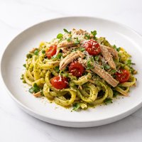 Fresh Fettuccine with Pulled Rotisserie Chicken Pesto and Roas