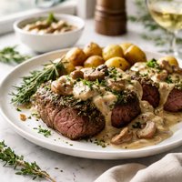 Fresh Herb Coated Beef Tenderloin Steaks with Mushroom Gravy