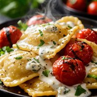 Fresh Ravioli and Grilled Tomatoes with Blue Cheese Sauce